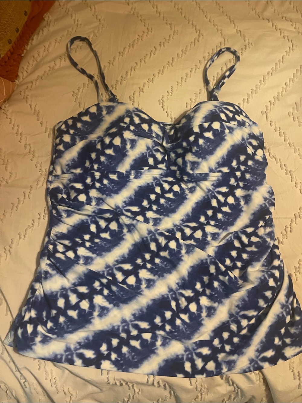Chaps Blue and White Patterned Tankini Top